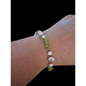 Vintage Natural Leridit And Freshwater Pearl Beaded Bracelet 7.5"